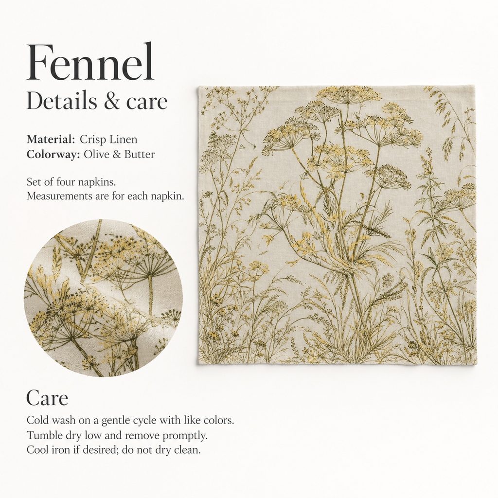 Fennel Botanical Linen Dinner Napkins — Olive & Butter; verified details and care guide.