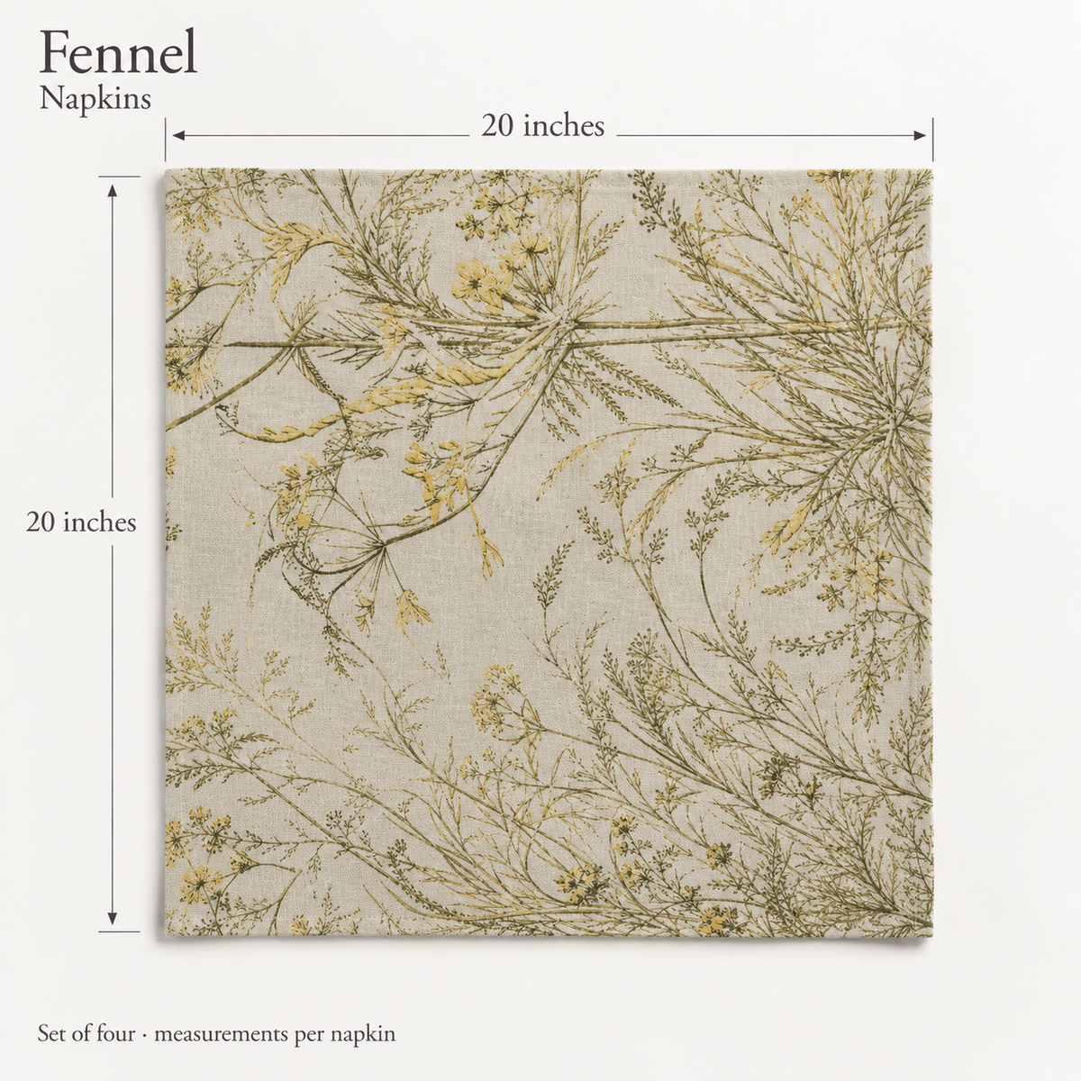 Fennel Botanical Linen Dinner Napkins — Olive & Butter; dimension diagram and inclusions.