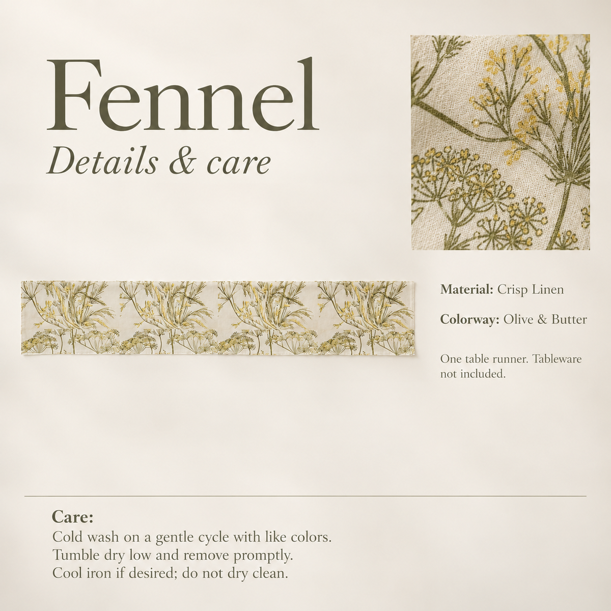 Fennel Botanical Linen Table Runner — Olive & Butter; verified details and care guide.