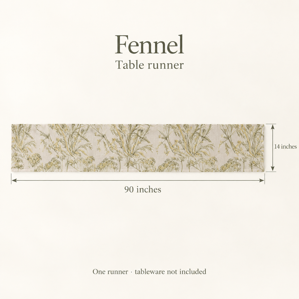 Fennel Botanical Linen Table Runner — Olive & Butter; dimension diagram and inclusions.