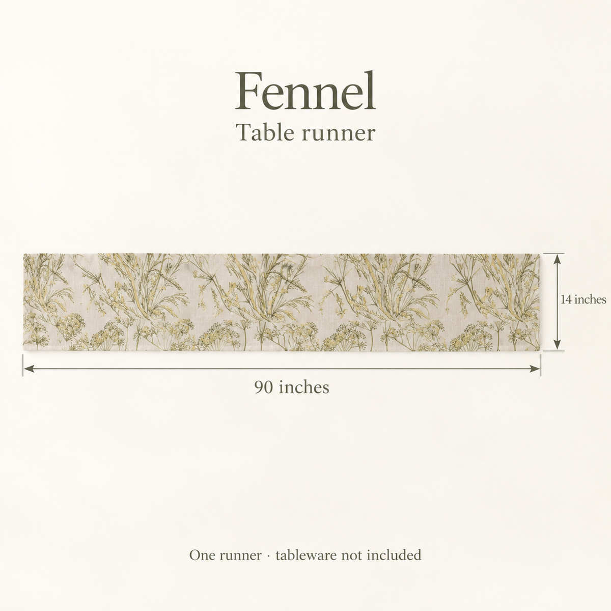 Fennel Botanical Linen Table Runner — Olive & Butter; dimension diagram and inclusions.