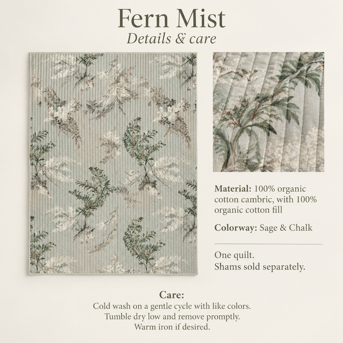 Fern Mist Botanical Organic Cotton Quilt — Sage & Chalk; verified details and care guide.