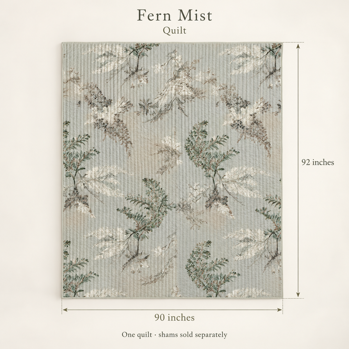 Fern Mist Botanical Organic Cotton Quilt — Sage & Chalk; dimension diagram and inclusions.