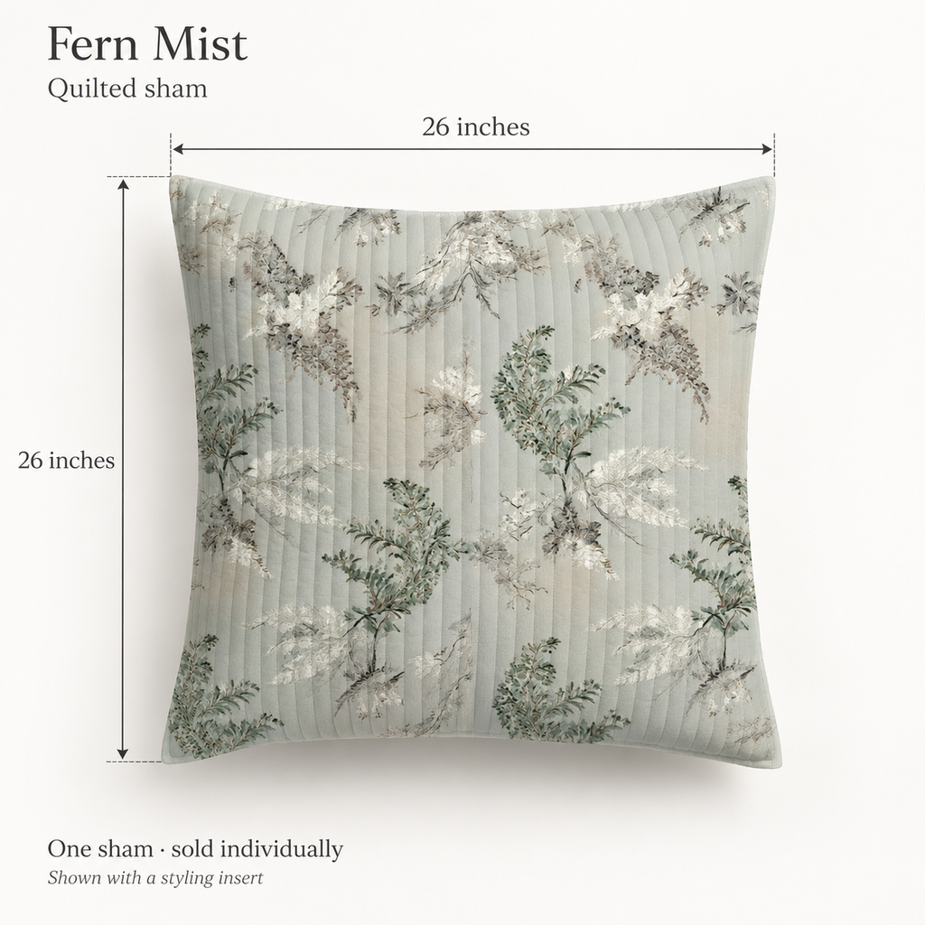 Fern Mist Botanical Organic Cotton Euro Sham — Sage & Chalk; dimension diagram and inclusions.