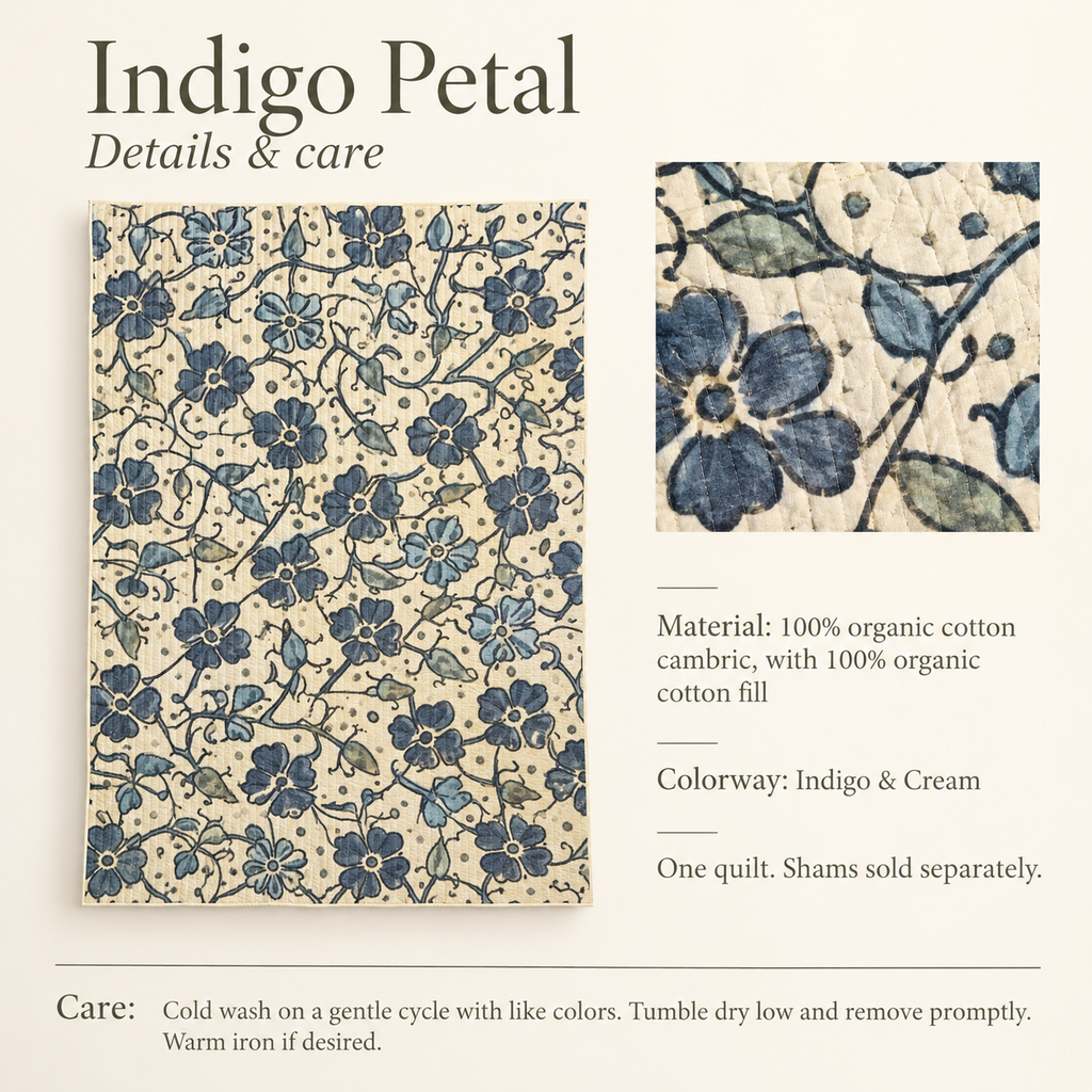 Indigo Petal Floral Organic Cotton Quilt — Indigo & Cream; verified details and care guide.