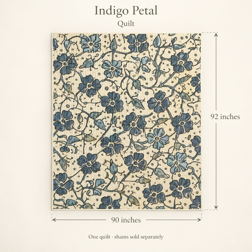 Indigo Petal Floral Organic Cotton Quilt — Indigo & Cream; dimension diagram and inclusions.