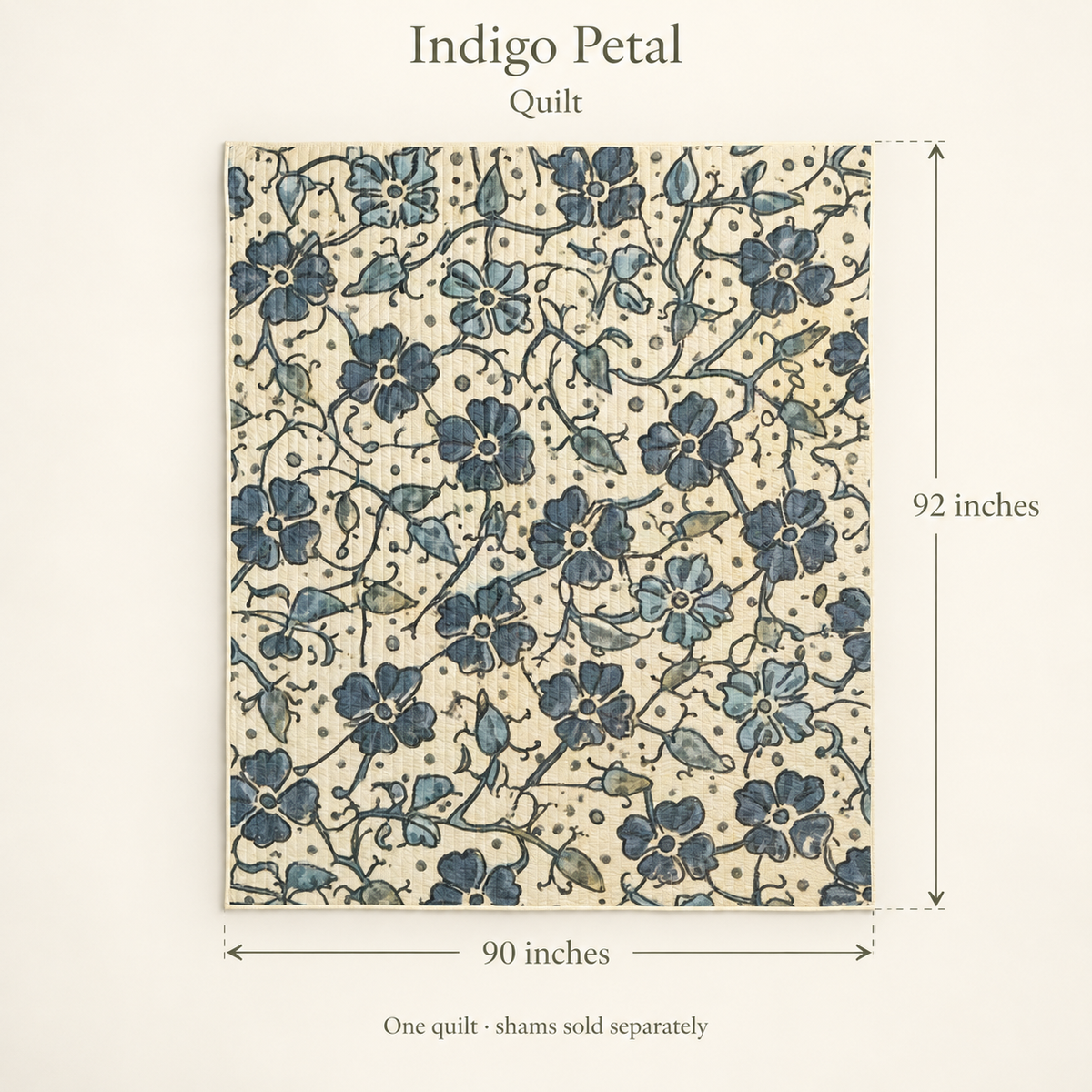 Indigo Petal Floral Organic Cotton Quilt — Indigo & Cream; dimension diagram and inclusions.