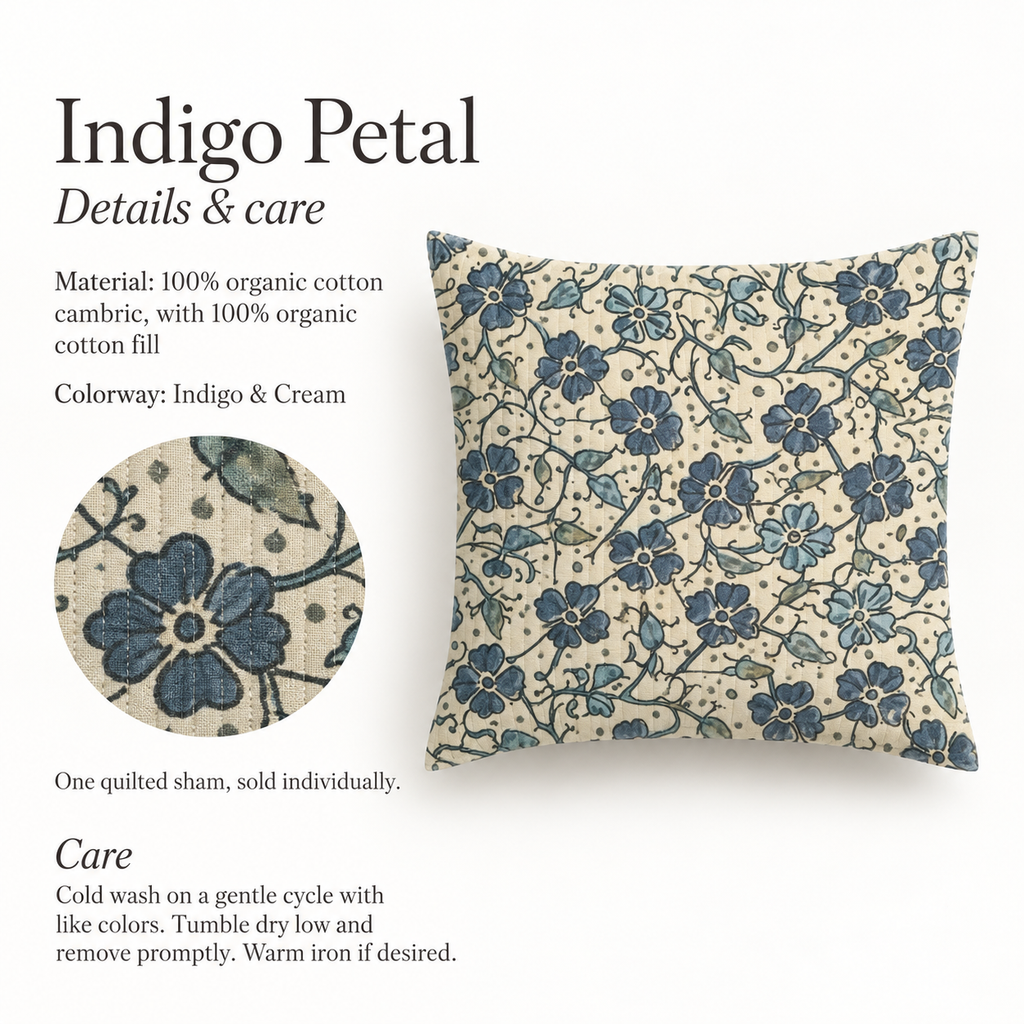 Indigo Petal Floral Organic Cotton Euro Sham — Indigo & Cream; verified details and care guide.