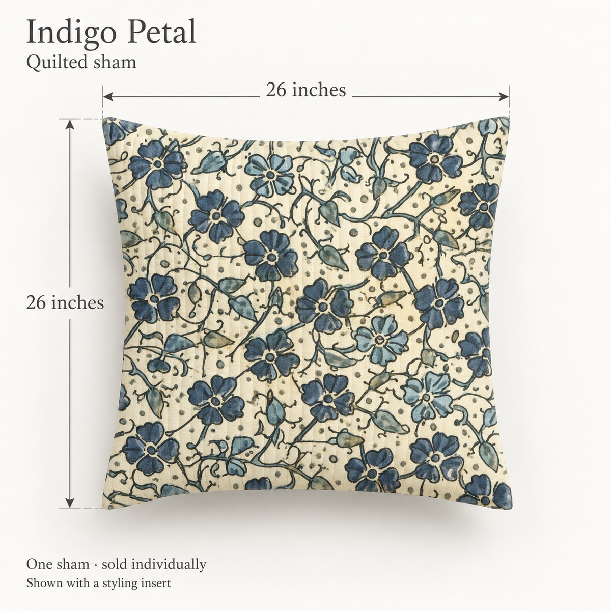 Indigo Petal Floral Organic Cotton Euro Sham — Indigo & Cream; dimension diagram and inclusions.
