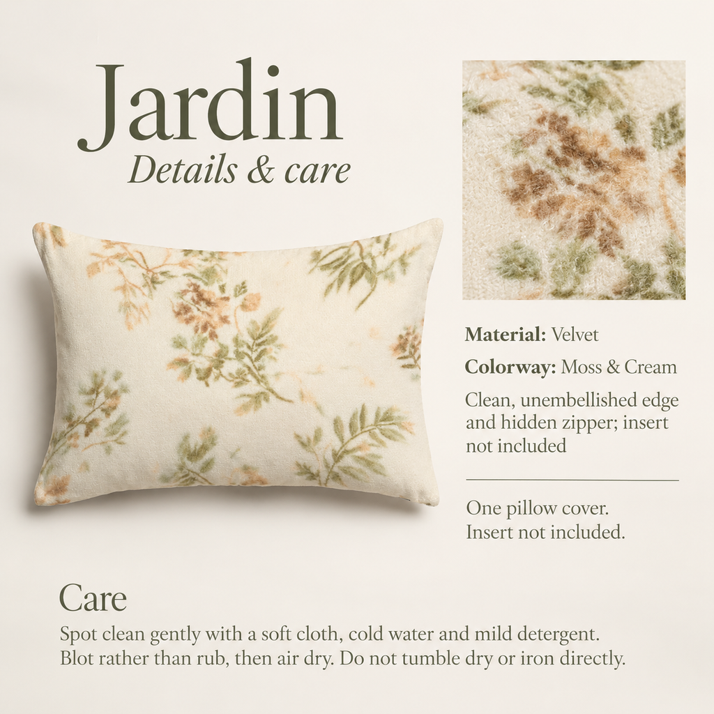 Jardin Floral Velvet Lumbar Pillow Cover — Moss & Cream; verified details and care guide.