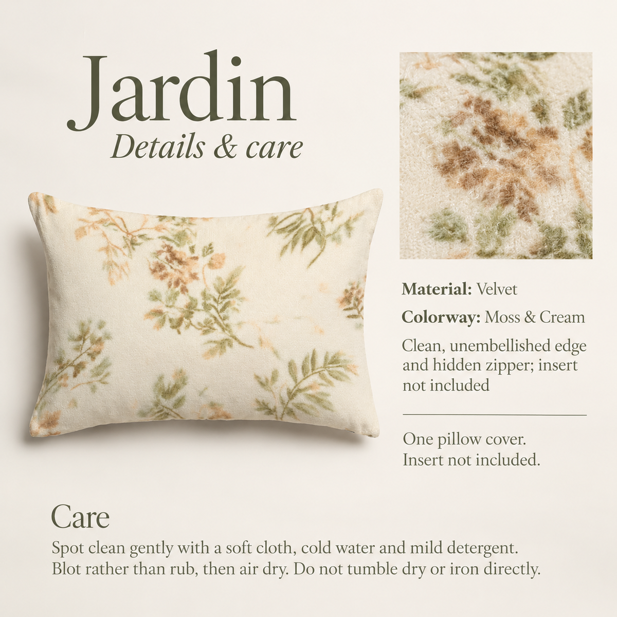 Jardin Floral Velvet Lumbar Pillow Cover — Moss & Cream; verified details and care guide.