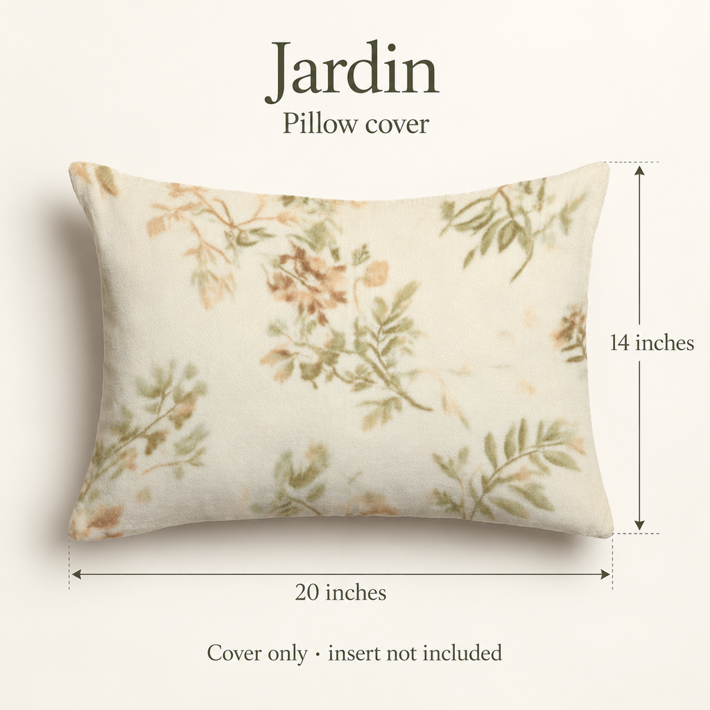 Jardin Floral Velvet Lumbar Pillow Cover — Moss & Cream; dimension diagram and inclusions.