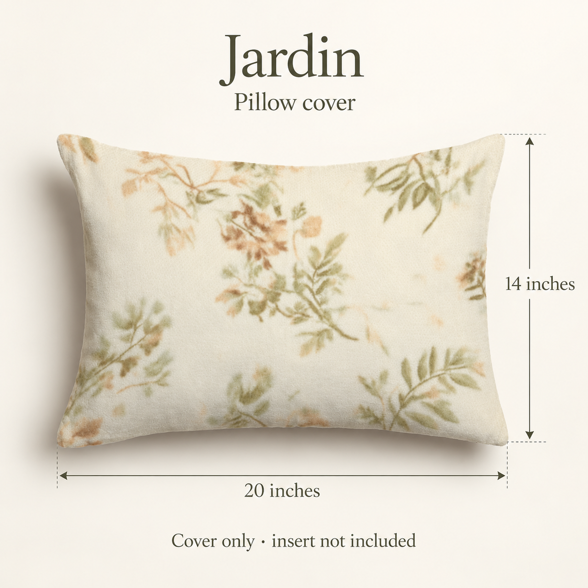 Jardin Floral Velvet Lumbar Pillow Cover — Moss & Cream; dimension diagram and inclusions.