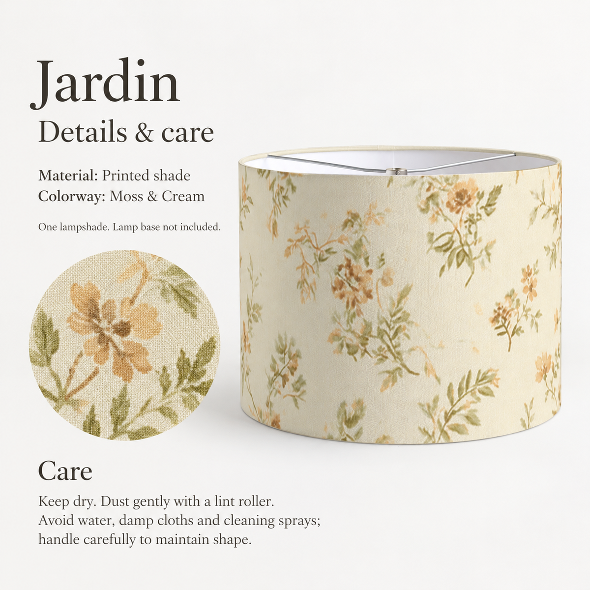 Jardin Floral Drum Lampshade — Moss & Cream; verified details and care guide.