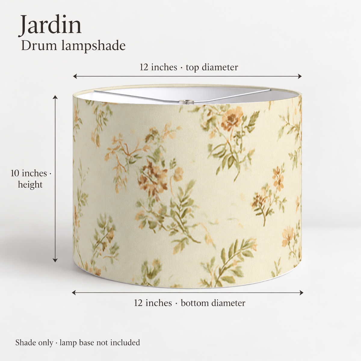 Jardin Floral Drum Lampshade — Moss & Cream; dimension diagram and inclusions.