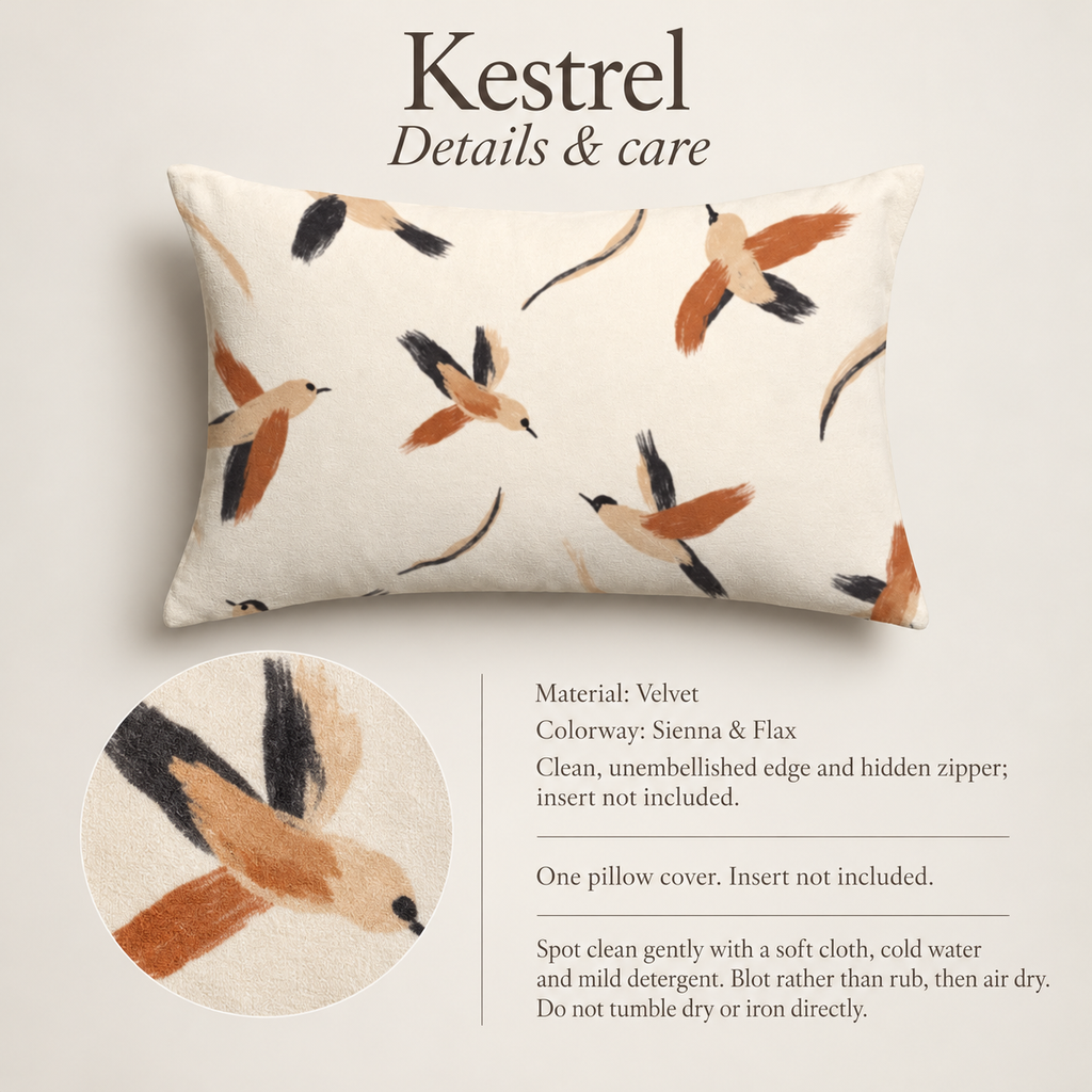 Kestrel Scenic Velvet Lumbar Pillow Cover — Sienna & Flax; verified details and care guide.