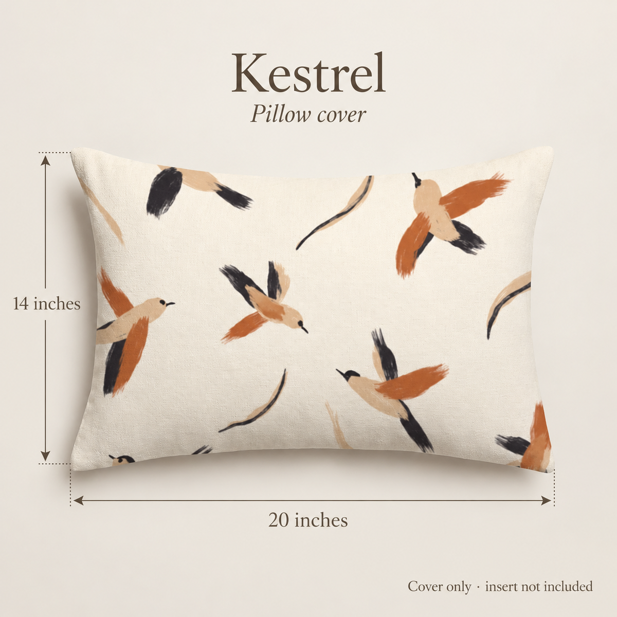 Kestrel Scenic Velvet Lumbar Pillow Cover — Sienna & Flax; dimension diagram and inclusions.