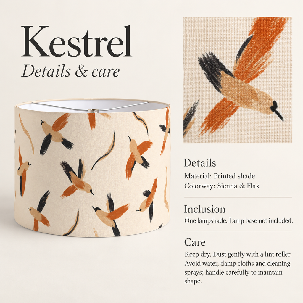 Kestrel Scenic Drum Lampshade — Sienna & Flax; verified details and care guide.
