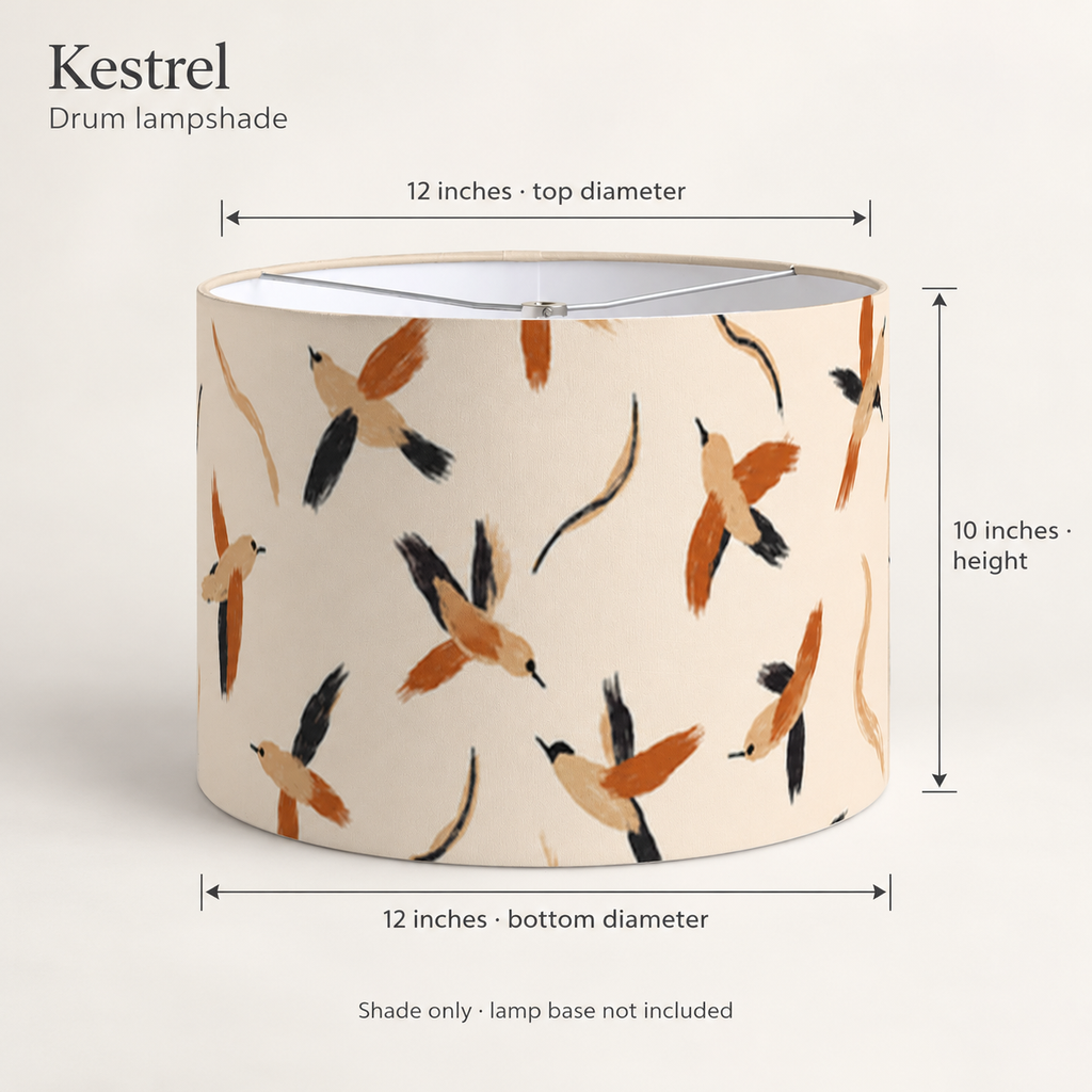 Kestrel Scenic Drum Lampshade — Sienna & Flax; dimension diagram and inclusions.