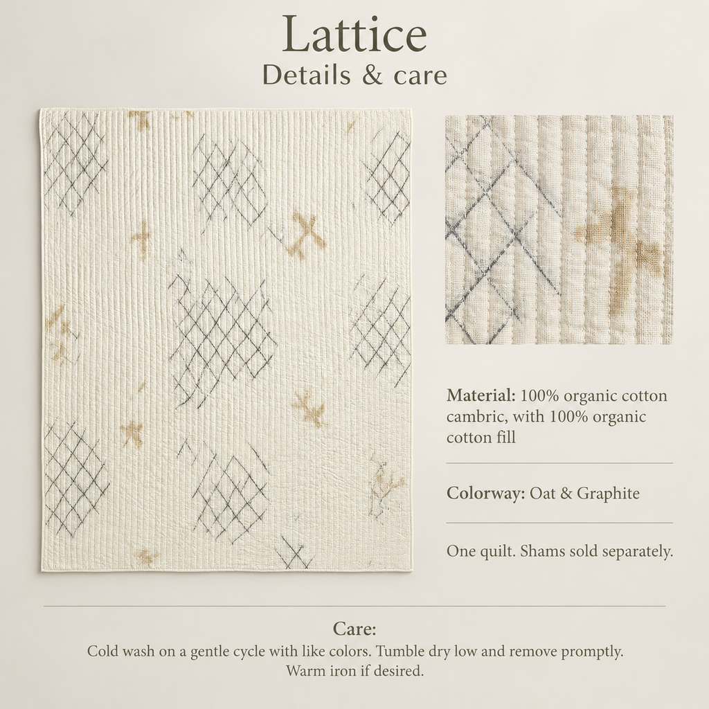 Lattice Geometric Organic Cotton Quilt — Oat & Graphite; verified details and care guide.