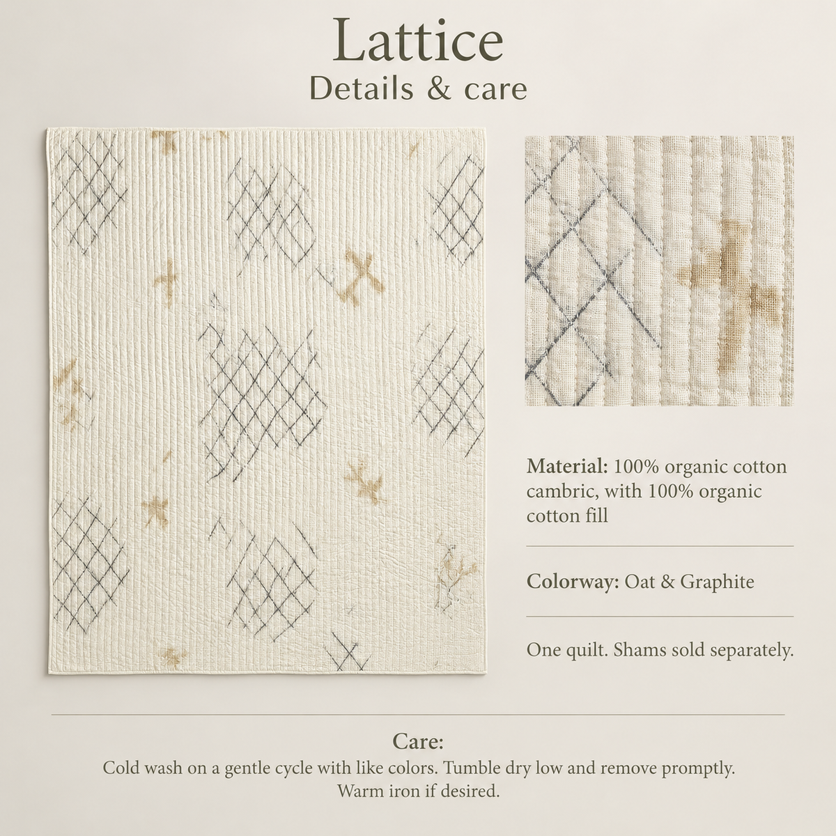 Lattice Geometric Organic Cotton Quilt — Oat & Graphite; verified details and care guide.