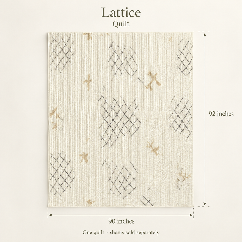 Lattice Geometric Organic Cotton Quilt — Oat & Graphite; dimension diagram and inclusions.