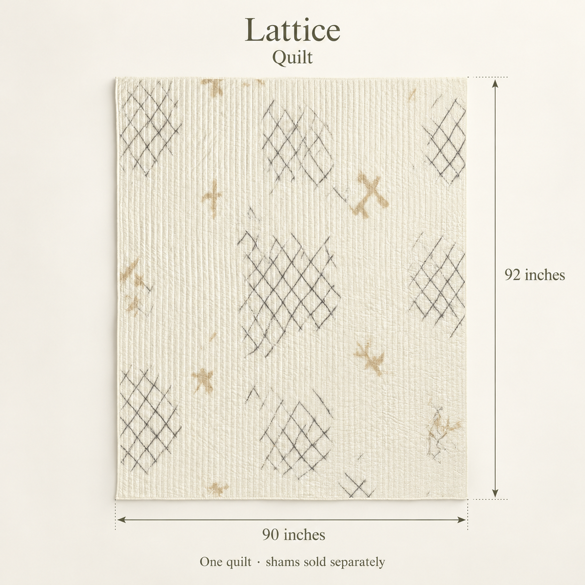 Lattice Geometric Organic Cotton Quilt — Oat & Graphite; dimension diagram and inclusions.