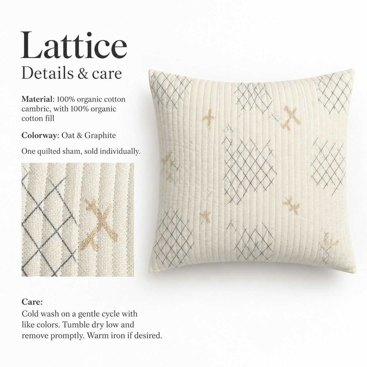 Lattice Geometric Organic Cotton Euro Sham — Oat & Graphite; verified details and care guide.