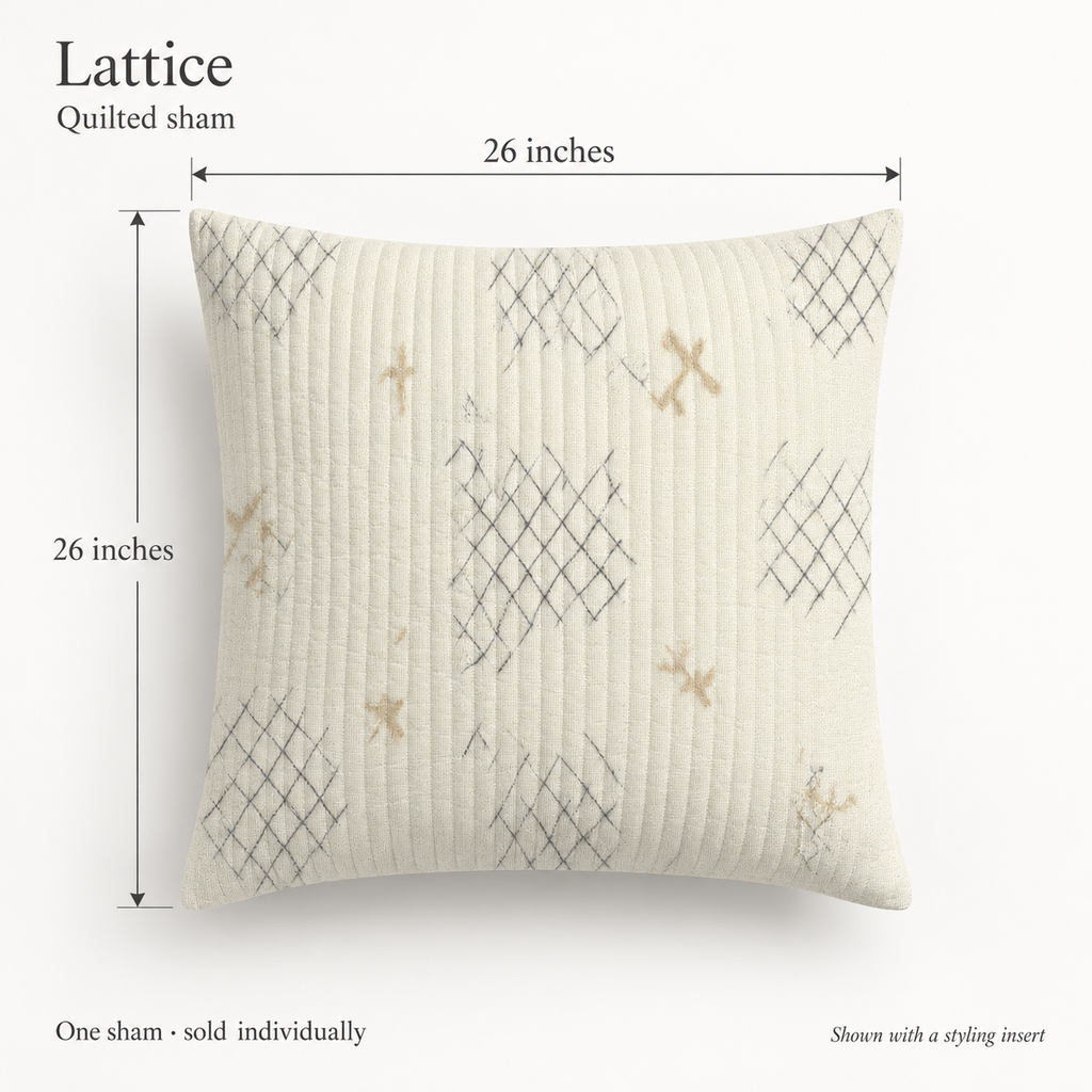 Lattice Geometric Organic Cotton Euro Sham — Oat & Graphite; dimension diagram and inclusions.