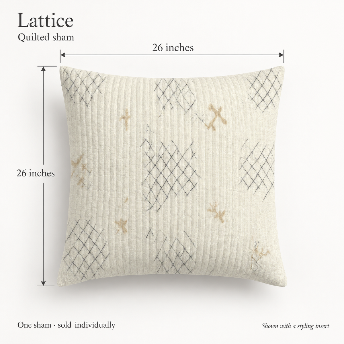 Lattice Geometric Organic Cotton Euro Sham — Oat & Graphite; dimension diagram and inclusions.
