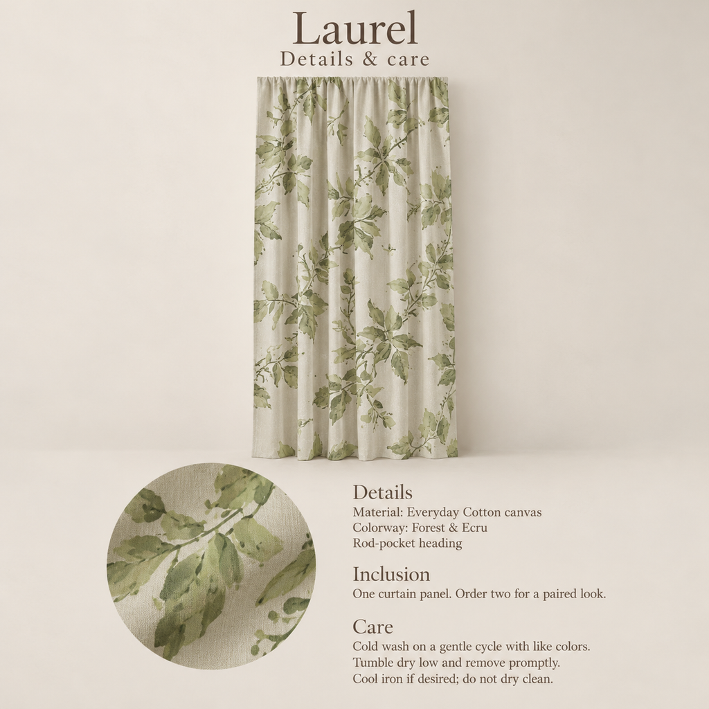 Laurel Botanical Everyday Cotton Curtain Panel — Forest & Ecru; verified details and care guide.