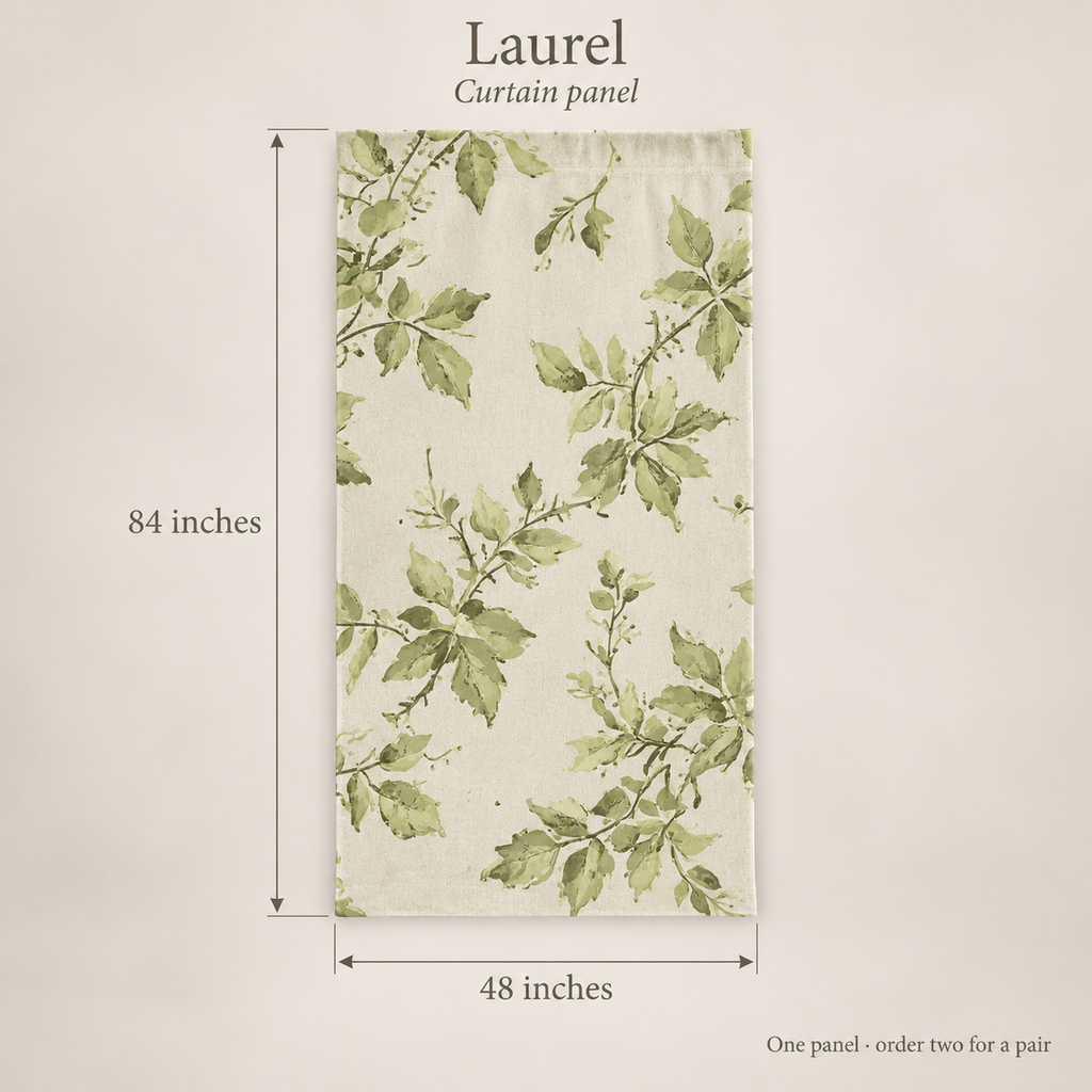 Laurel Botanical Everyday Cotton Curtain Panel — Forest & Ecru; dimension diagram and inclusions.