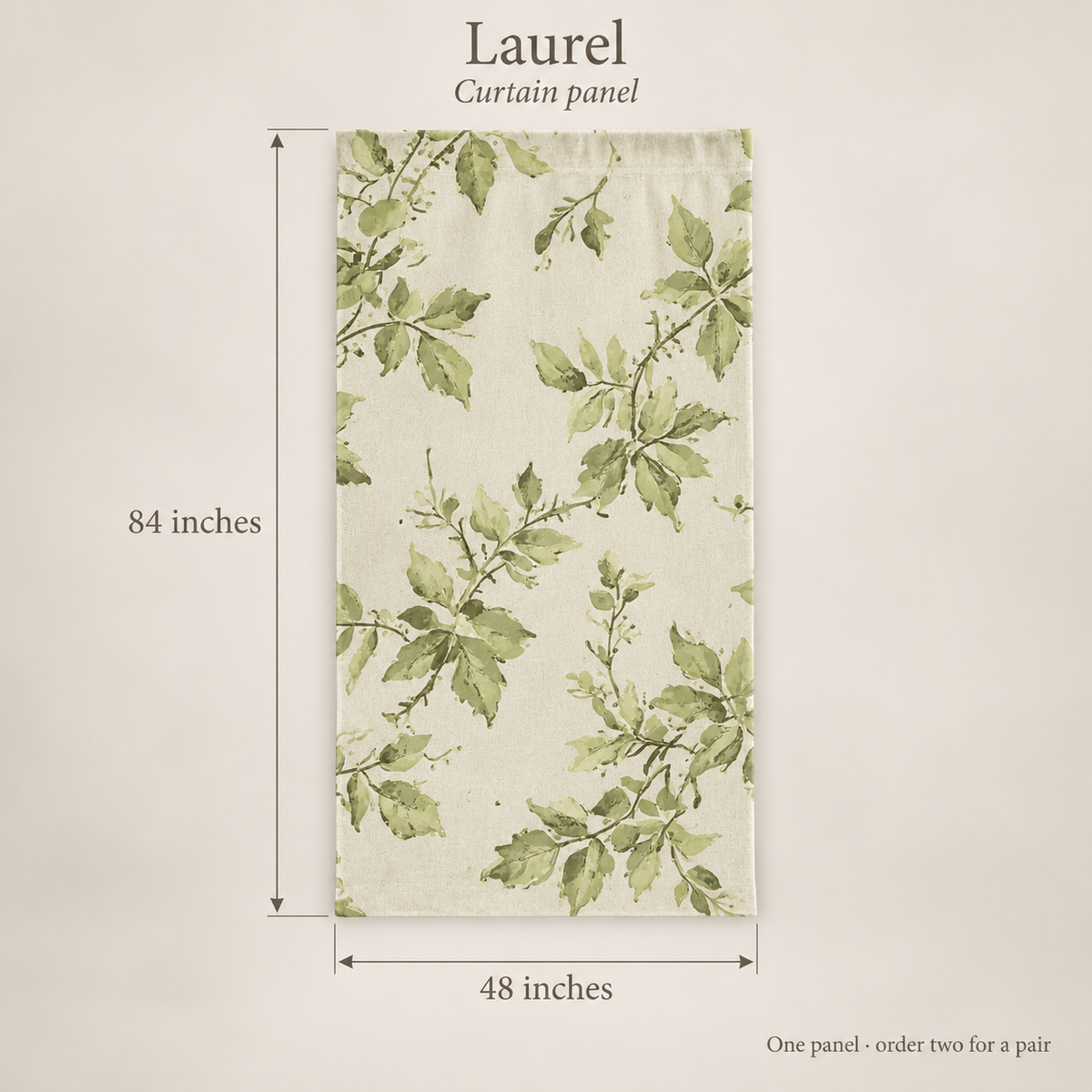 Laurel Botanical Everyday Cotton Curtain Panel — Forest & Ecru; dimension diagram and inclusions.