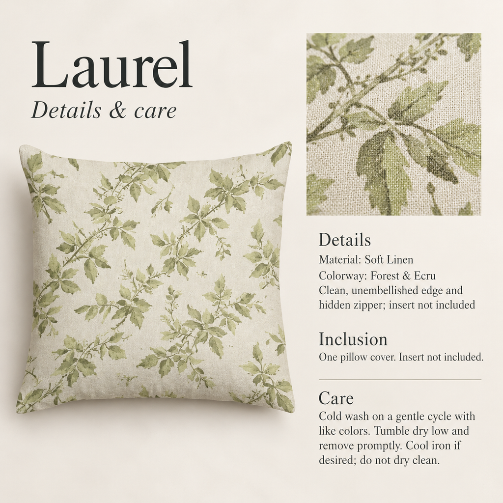 Laurel Botanical Soft Linen Pillow Cover — Forest & Ecru; verified details and care guide.