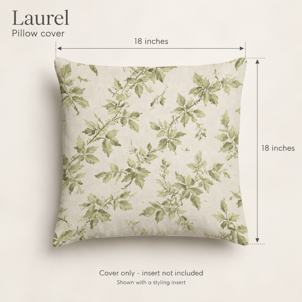 Laurel Botanical Soft Linen Pillow Cover — Forest & Ecru; dimension diagram and inclusions.