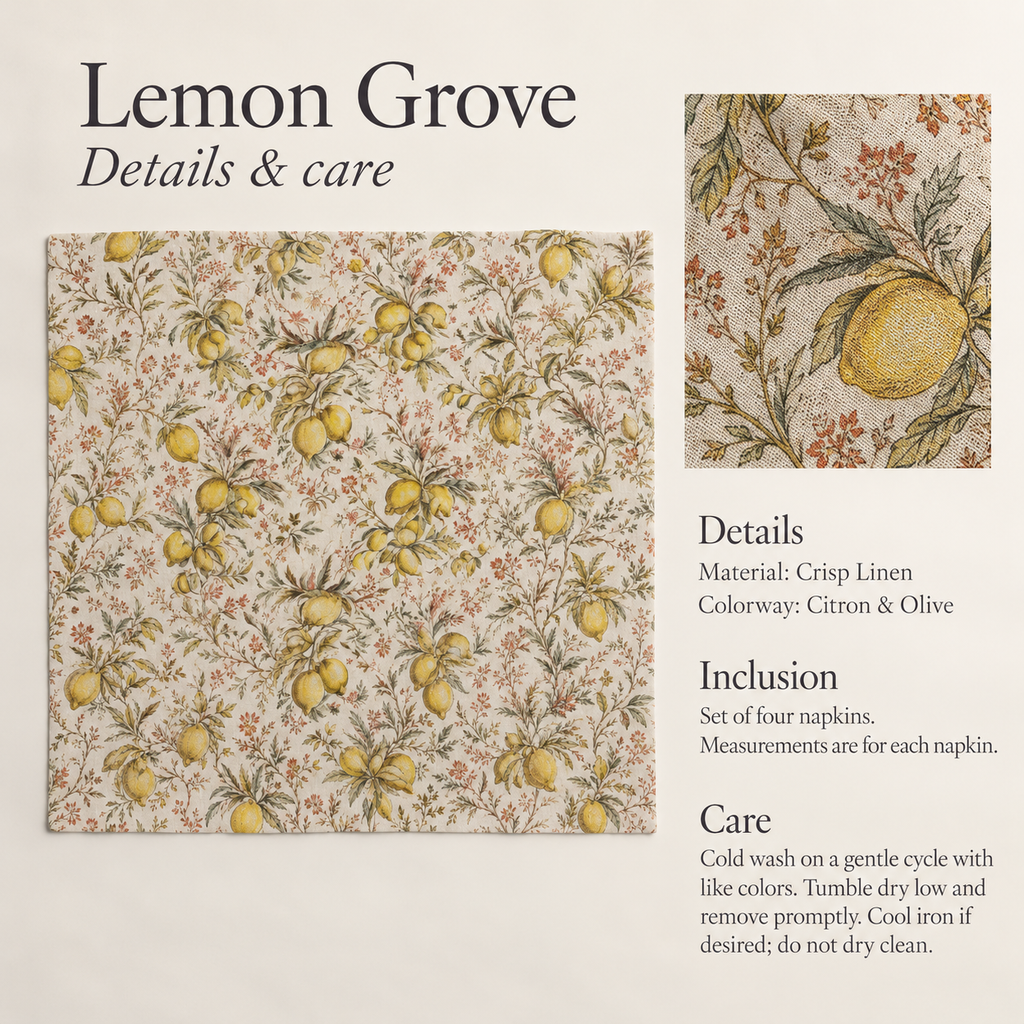 Lemon Grove Botanical Linen Dinner Napkins — Citron & Olive; verified details and care guide.