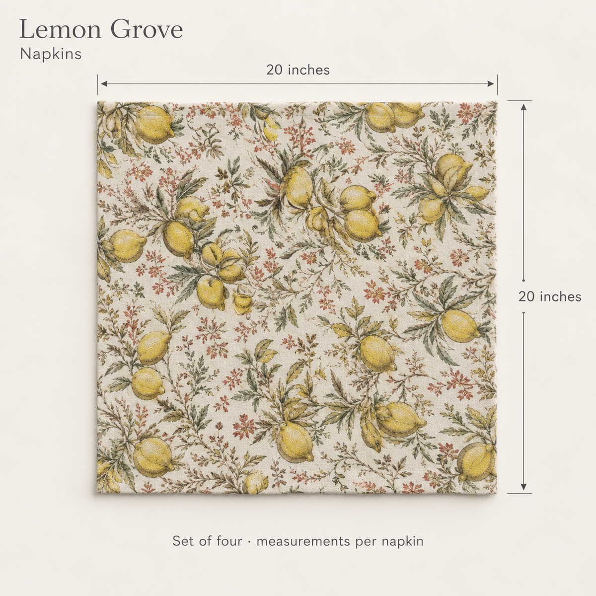 Lemon Grove Botanical Linen Dinner Napkins — Citron & Olive; dimension diagram and inclusions.