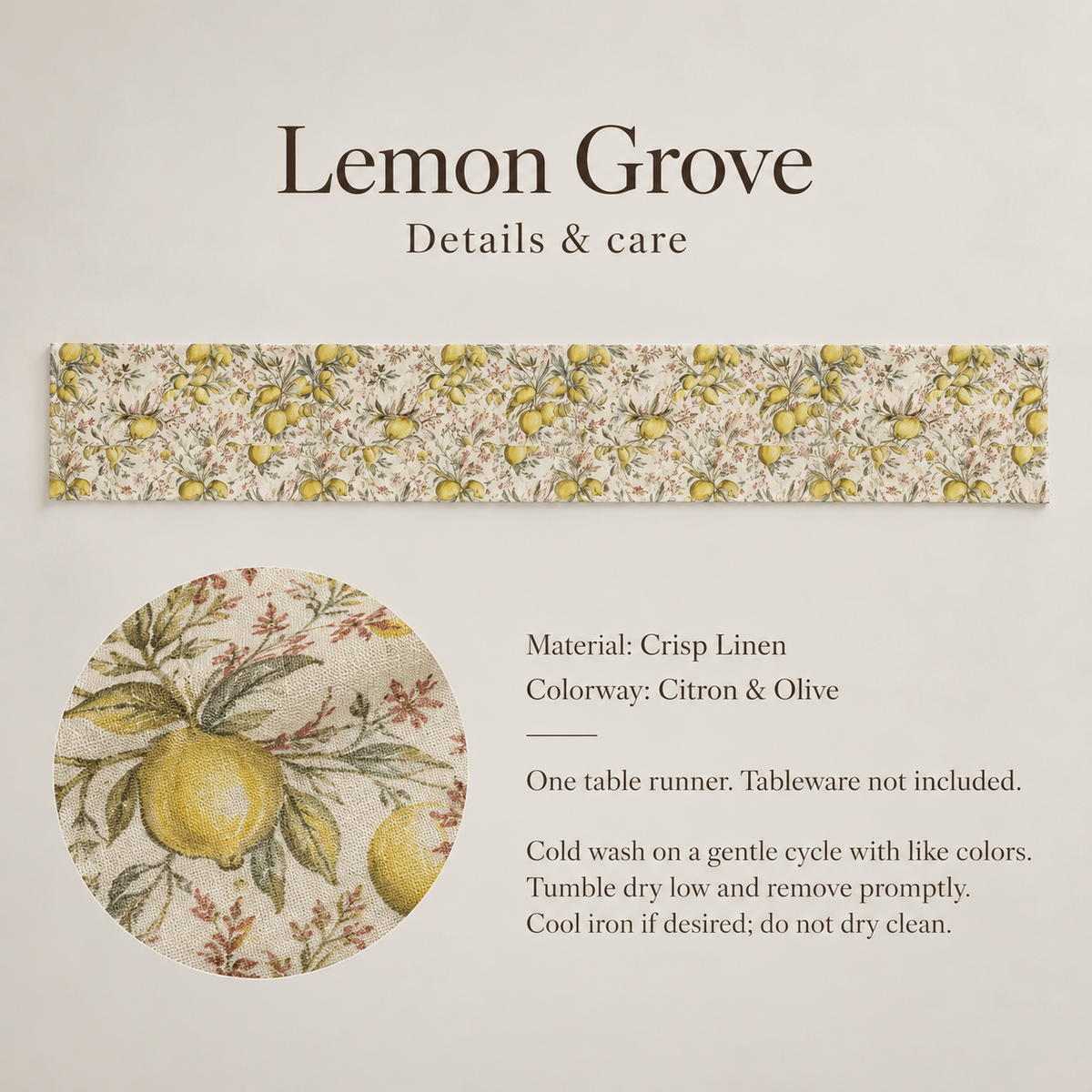 Lemon Grove Botanical Linen Table Runner — Citron & Olive; verified details and care guide.