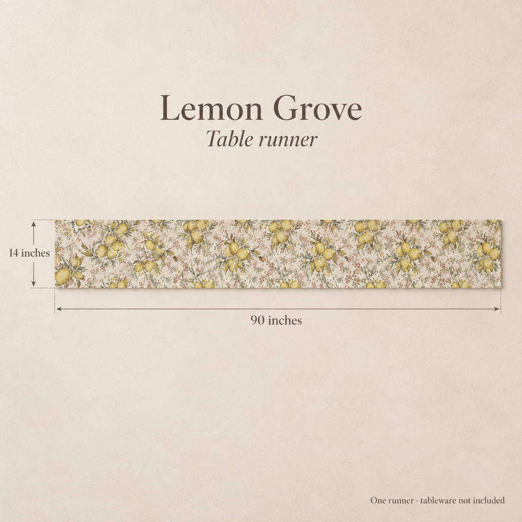 Lemon Grove Botanical Linen Table Runner — Citron & Olive; dimension diagram and inclusions.