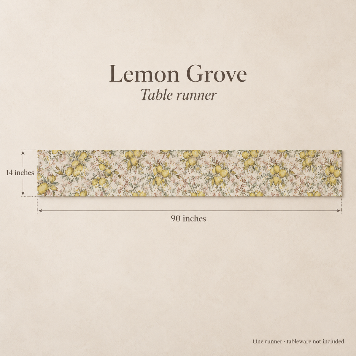 Lemon Grove Botanical Linen Table Runner — Citron & Olive; dimension diagram and inclusions.