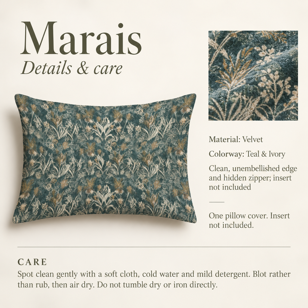 Marais Botanical Velvet Lumbar Pillow Cover — Teal & Ivory; verified details and care guide.