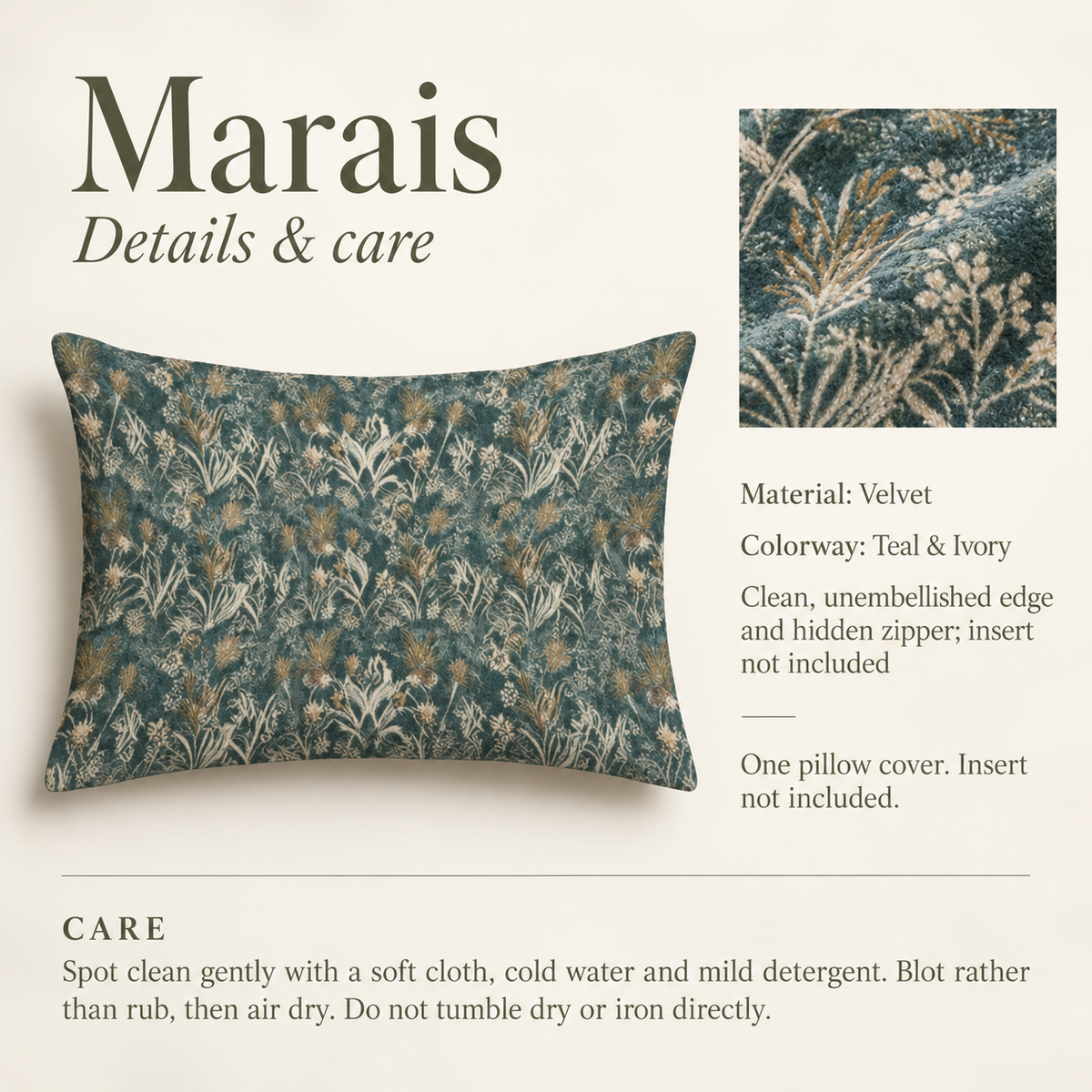 Marais Botanical Velvet Lumbar Pillow Cover — Teal & Ivory; verified details and care guide.