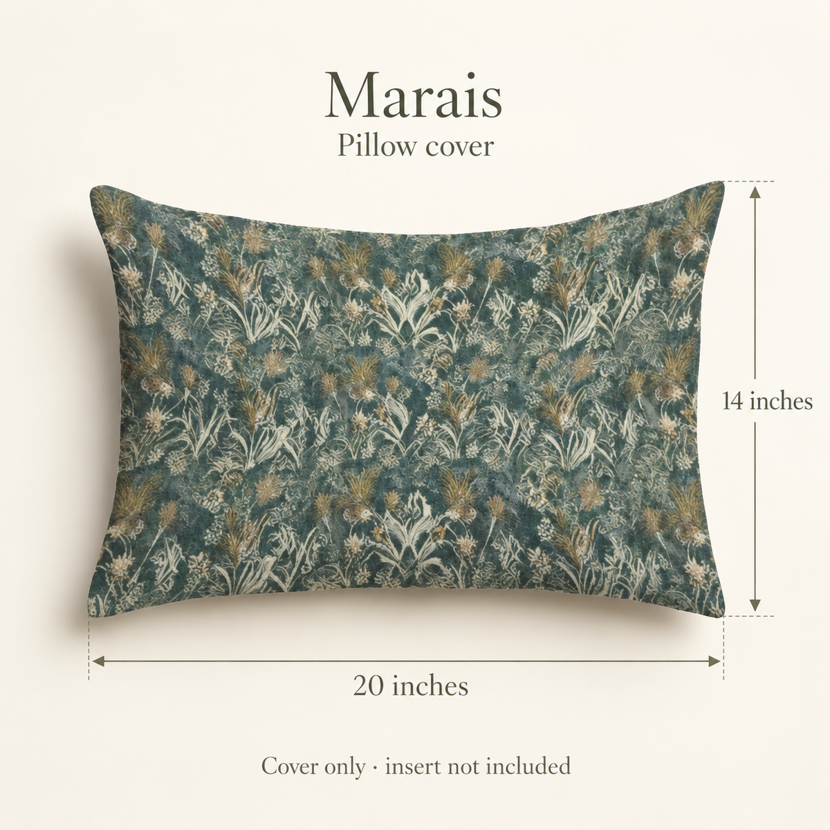 Marais Botanical Velvet Lumbar Pillow Cover — Teal & Ivory; dimension diagram and inclusions.