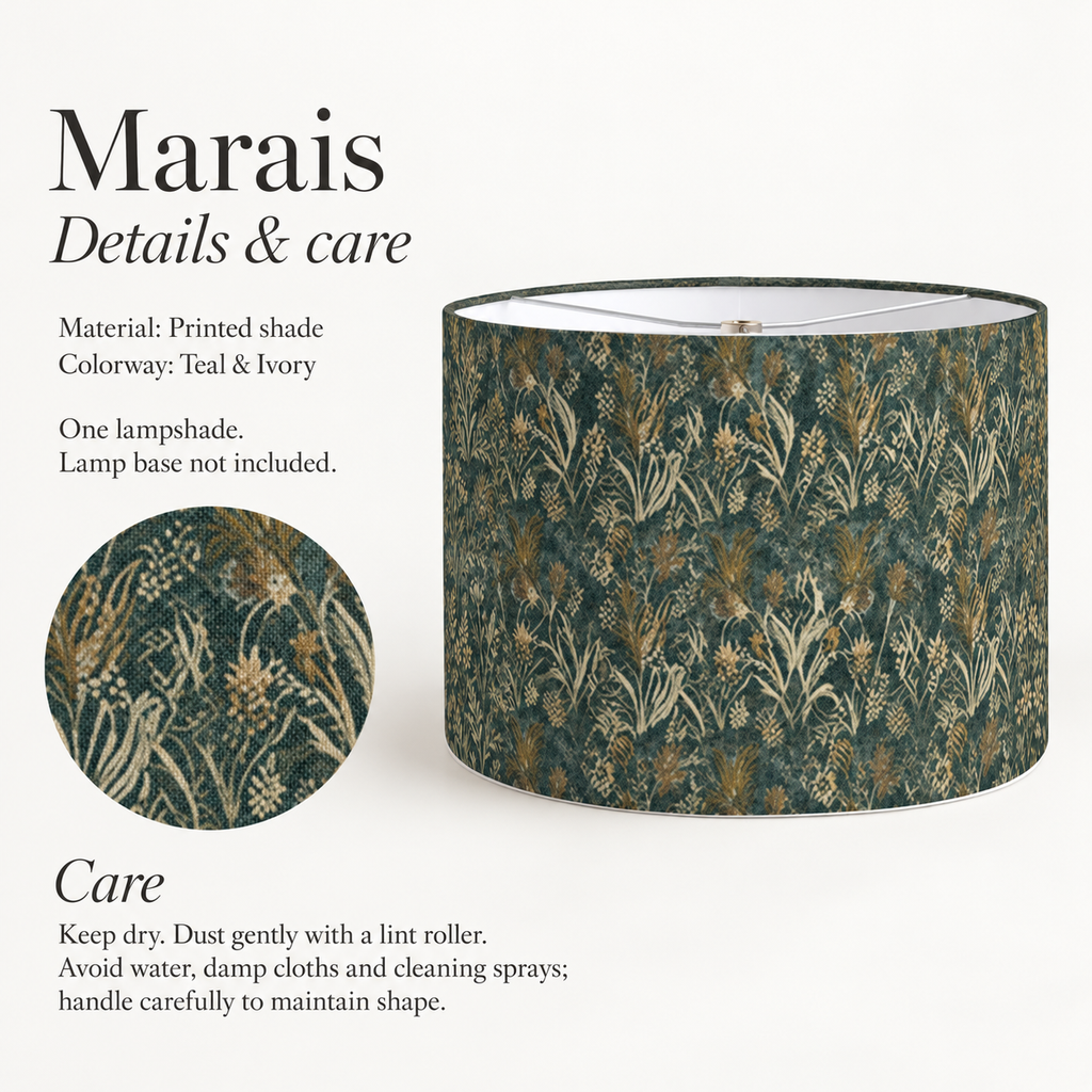 Marais Botanical Drum Lampshade — Teal & Ivory; verified details and care guide.