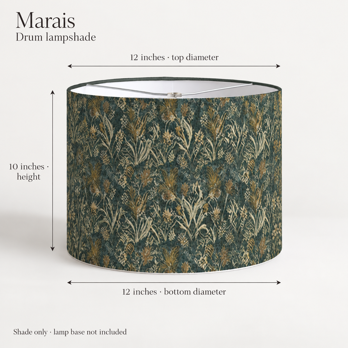 Marais Botanical Drum Lampshade — Teal & Ivory; dimension diagram and inclusions.