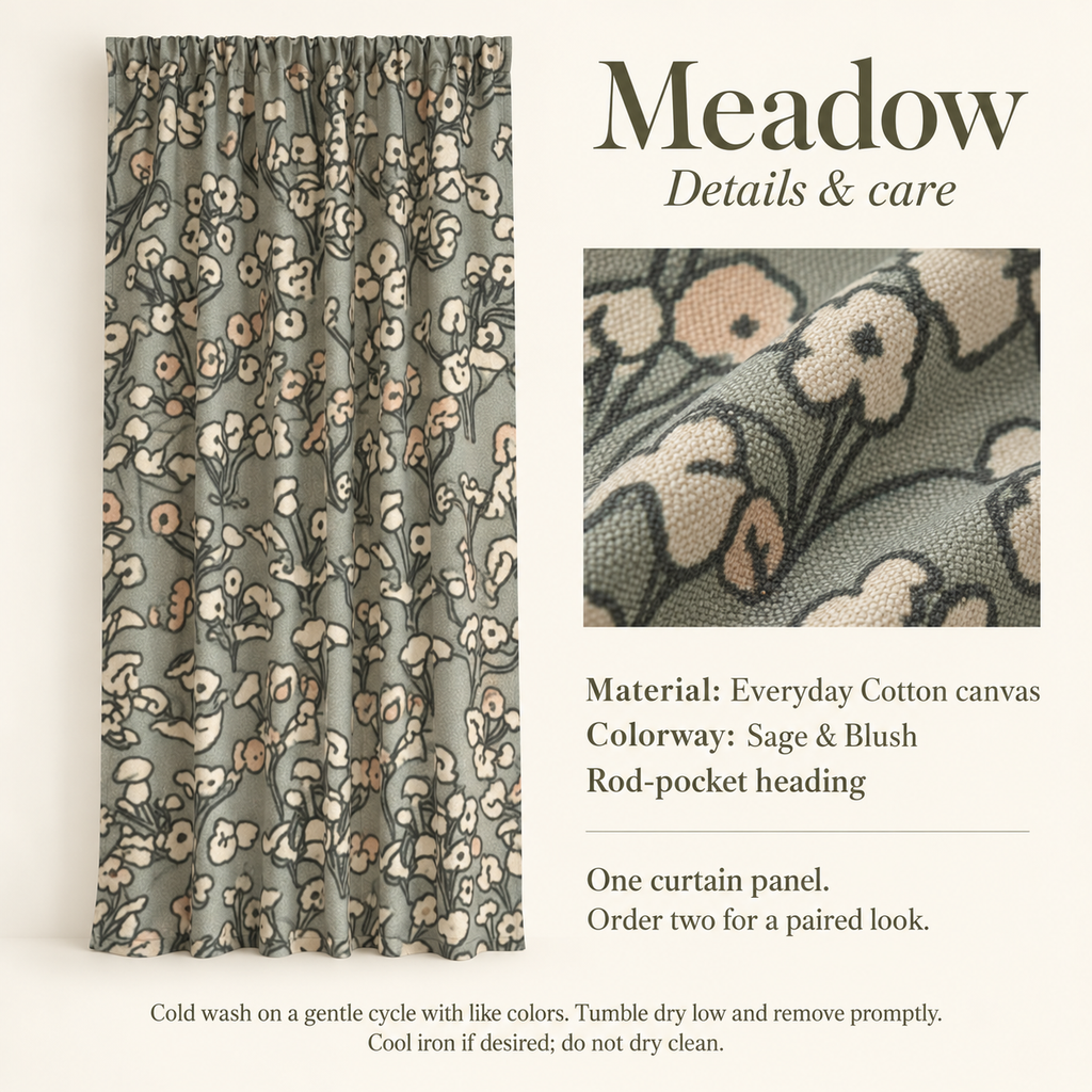 Meadow Floral Everyday Cotton Curtain Panel — Sage & Blush; verified details and care guide.