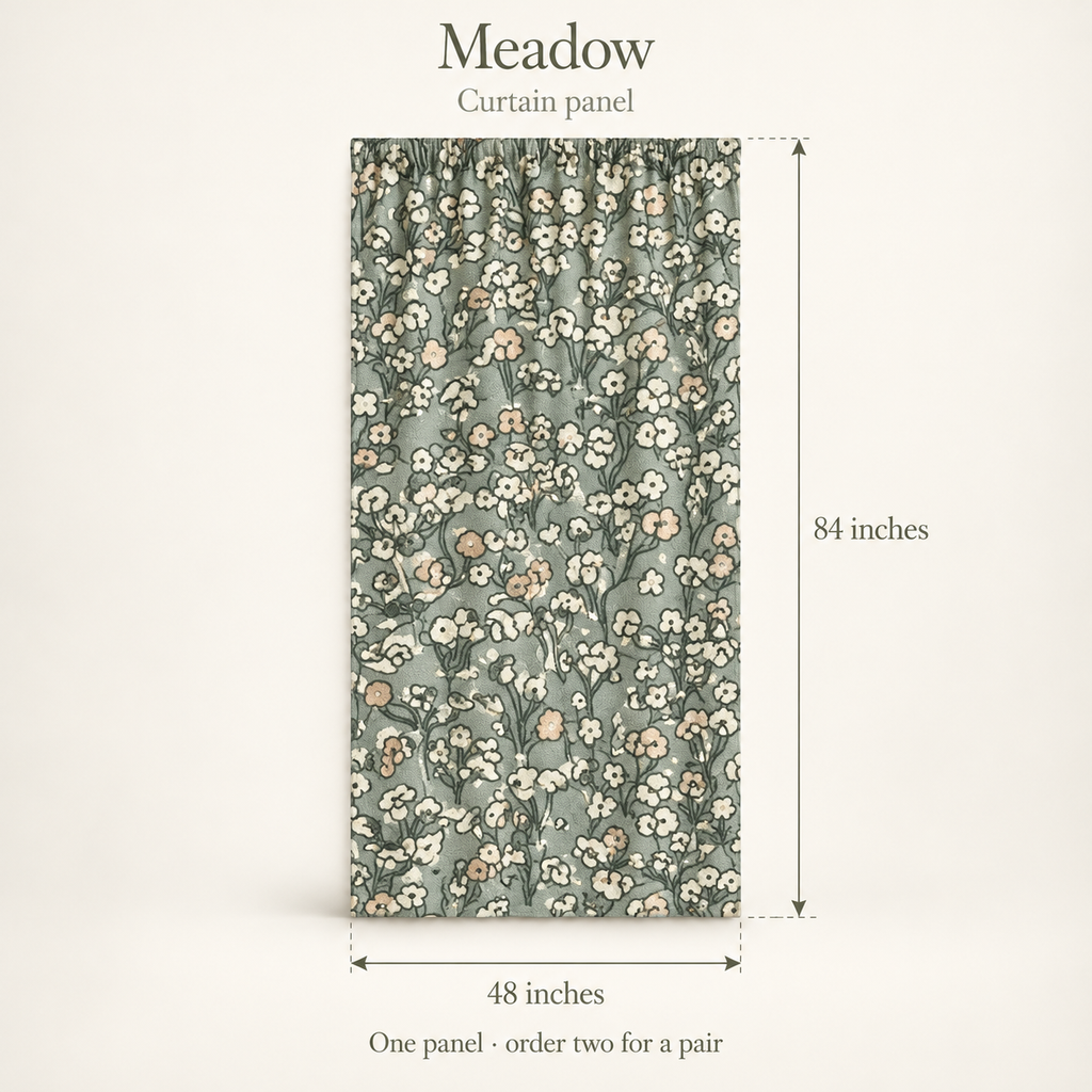 Meadow Floral Everyday Cotton Curtain Panel — Sage & Blush; dimension diagram and inclusions.