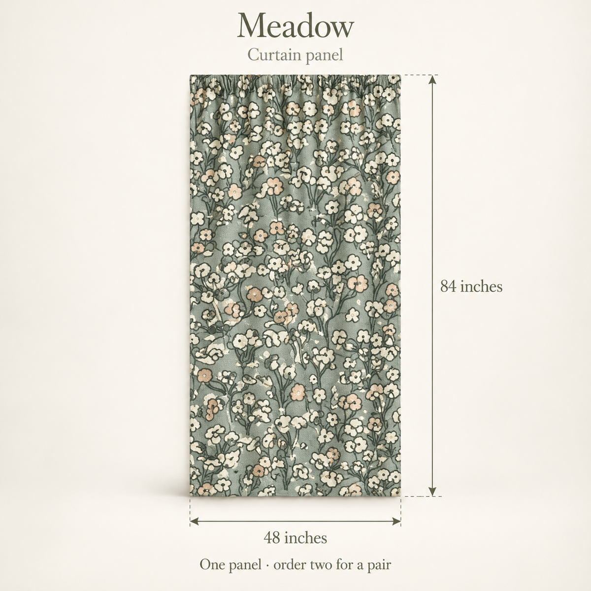 Meadow Floral Everyday Cotton Curtain Panel — Sage & Blush; dimension diagram and inclusions.