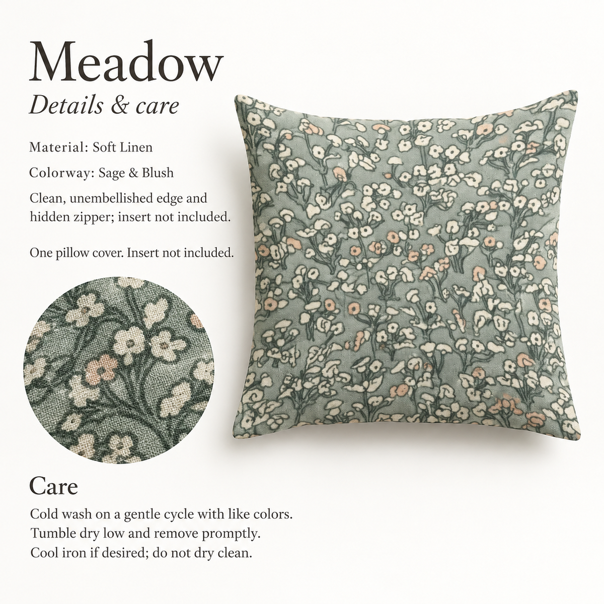 Meadow Floral Soft Linen Pillow Cover — Sage & Blush; verified details and care guide.