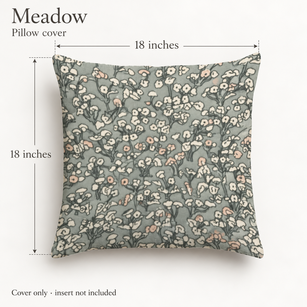 Meadow Floral Soft Linen Pillow Cover — Sage & Blush; dimension diagram and inclusions.